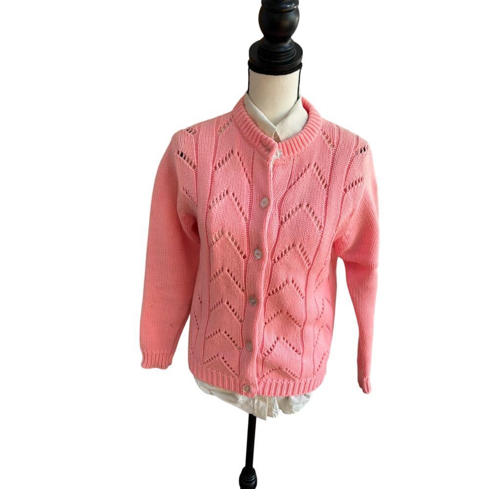 Vintage Pink Knit Cardigan Chevron Eyelet Design Button Front Women’s M